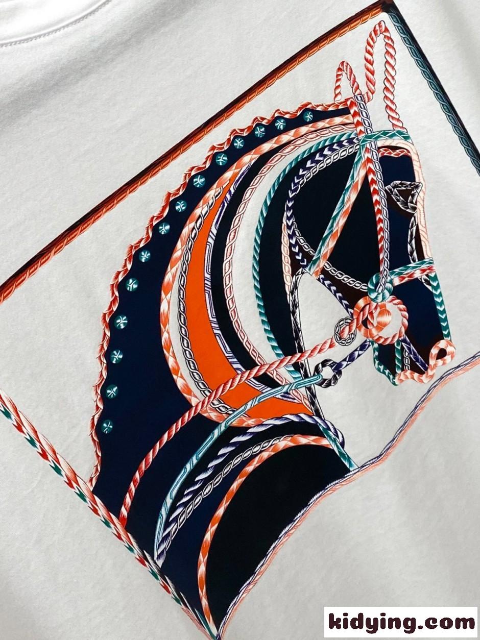 お洒落 プリント 半袖Tシャツ エルメス Tシャツ 偽物 クルーネック ホワイト-2