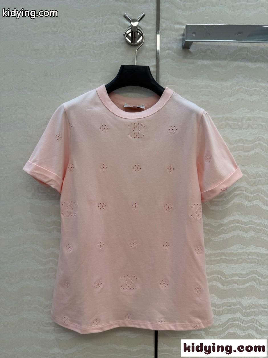 シンプル アイレット刺繍 コットンTシャツ シャネル Tシャツ コピー ピンク-0