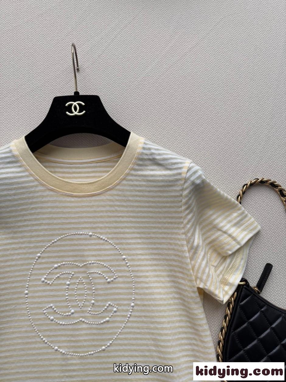 ボーダー柄 ロゴ クルーネック 半袖Tシャツ シャネル Tシャツ コピー イエロー-2