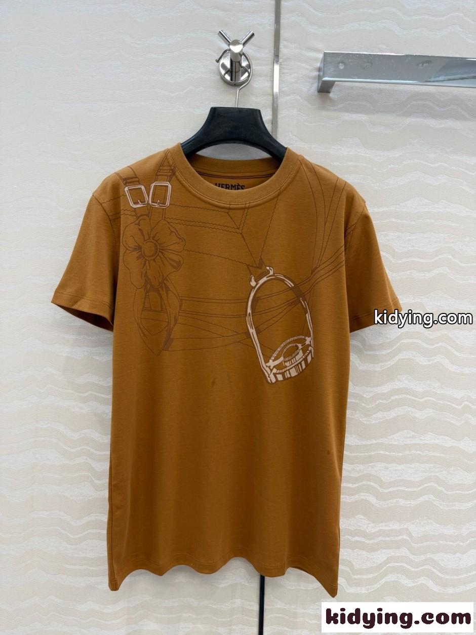 エルメス Tシャツ コピー 馬具プリント コットン クルーネックTシャツ ブラウン-0