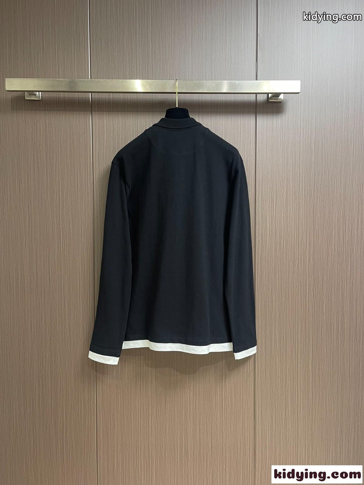 レイヤリング コットン ポロシャツ プラダ Tシャツ コピー ロングスリーブ ブラック-1