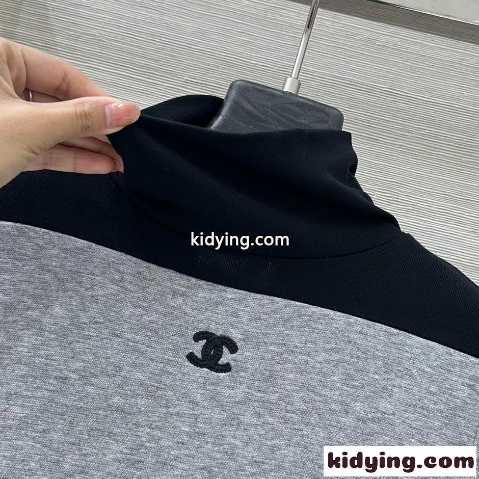 ハイネック バイカラー 切り替えトップス シャネル Tシャツ 偽物 グレー-1