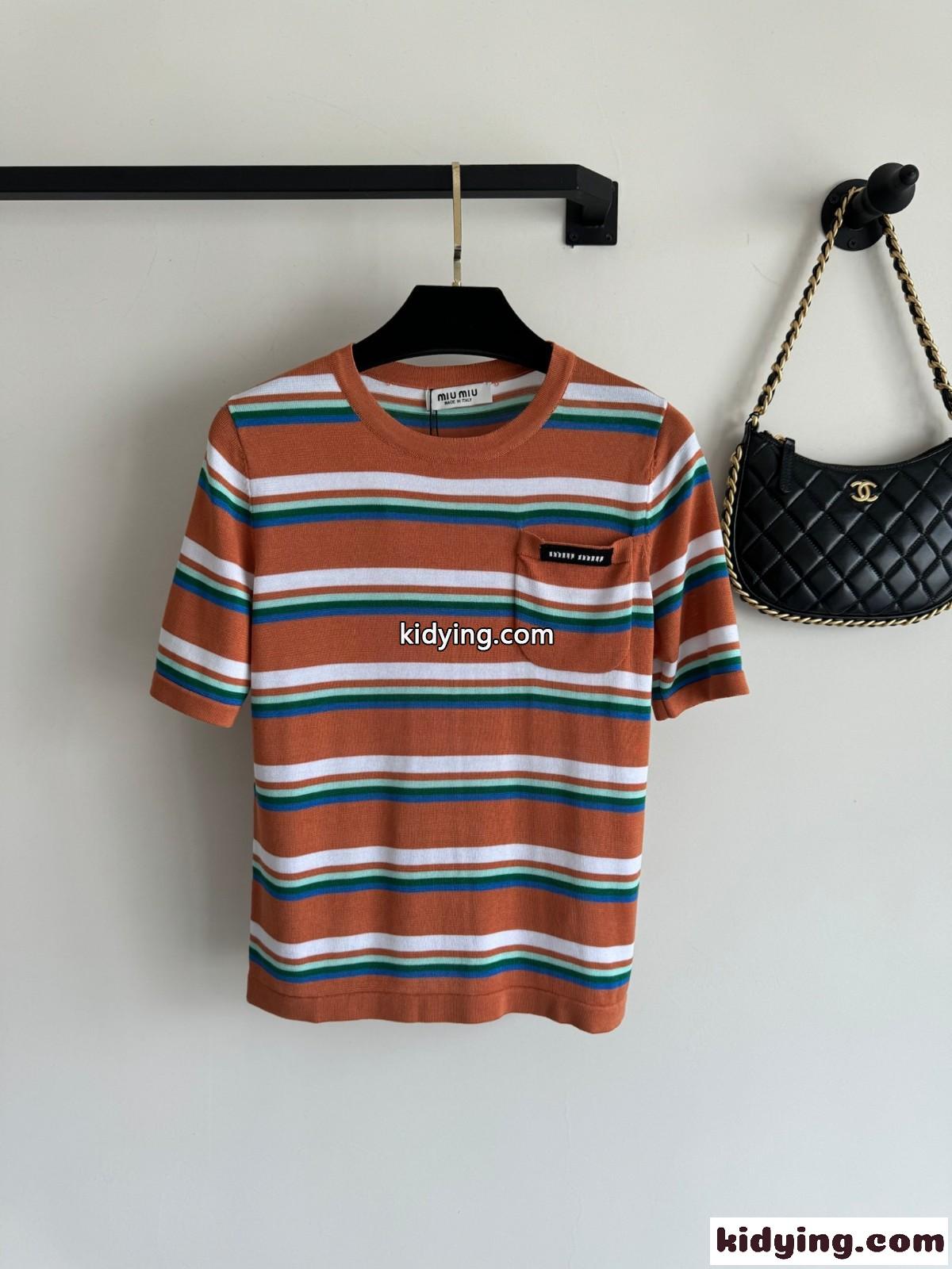 ミュウミュウ Tシャツ コピー レディース カジュアル 人気 ストライプ 半袖Tシャツ-0