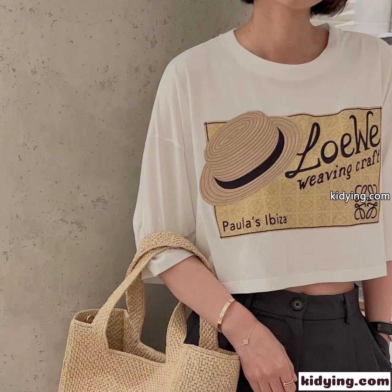 ロエベ ハット コットンTシャツ ロエベ Tシャツ コピー レディース クロップド丈-4