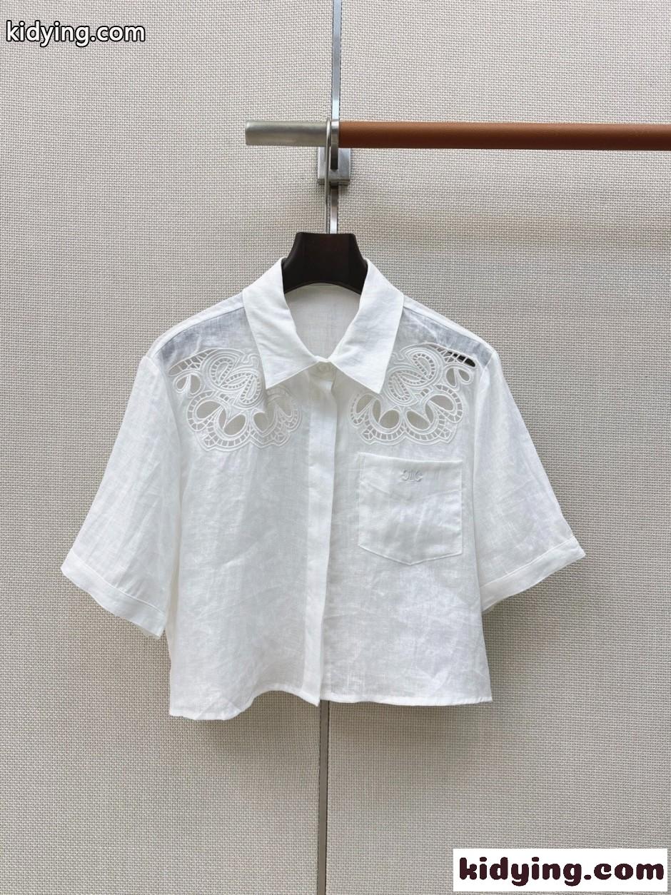 レース刺繍 リネンショートスリーブシャツ セリーヌ シャツ 偽物 合わせやすい-1