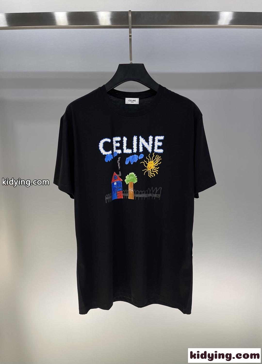 可愛い プリント ルーズTシャツ セリーヌ Tシャツ コピー コットン ブラック-2