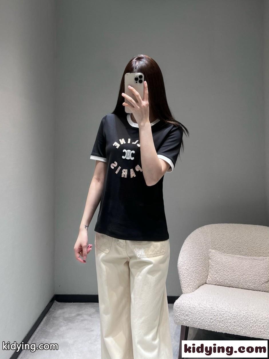 カジュアル おしゃれ コットン 半袖Tシャツ セリーヌ Tシャツ 偽物 ブラック-3