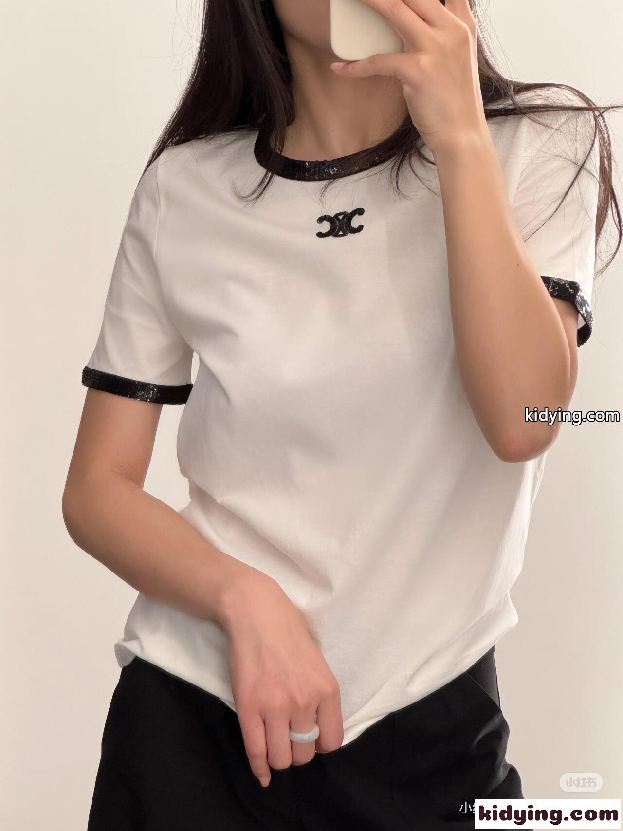 スパンコール付き クルーネック 半袖Tシャツ セリーヌ Tシャツ コピー 合わせやすい-3