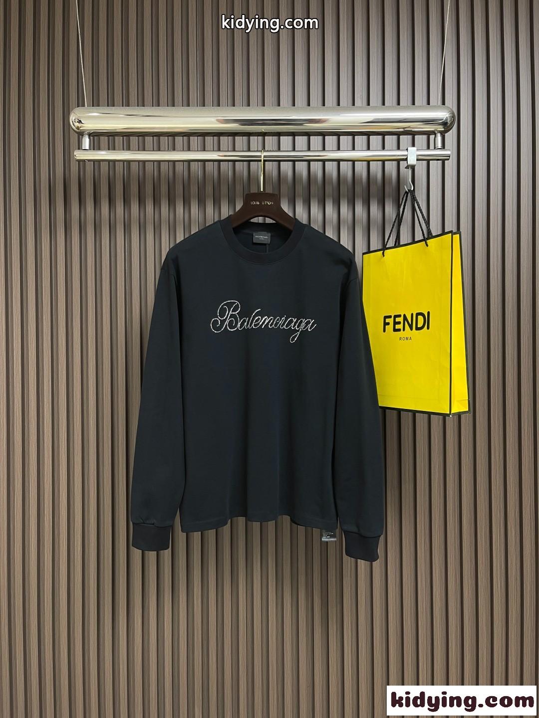 シンプル ラインストーンロゴ 長袖Tシャツ バレンシアガ Tシャツ 偽物 ブラック-1