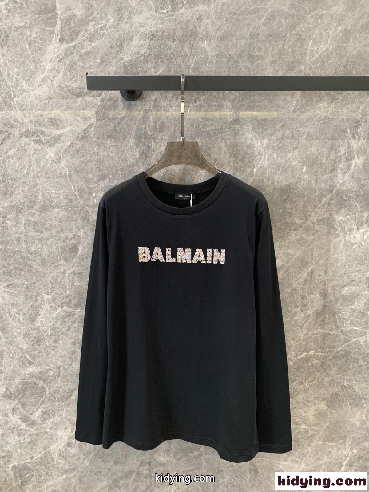 シンプル ロゴ入り 長袖Tシャツ バルマン Tシャツ コピー ブラック-1