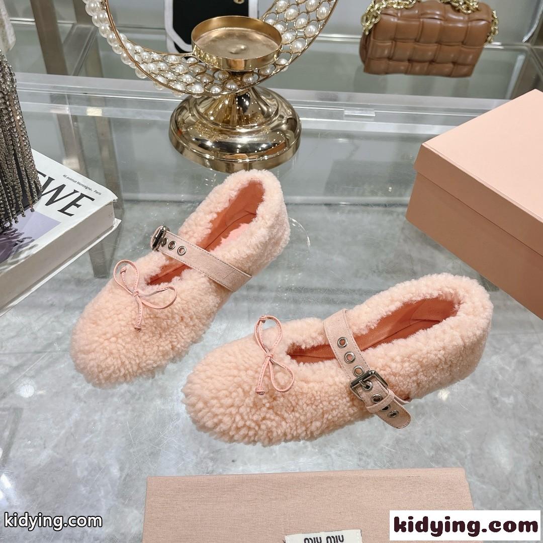 シープスキン フラット バレリーナシューズ ミュウミュウ シューズ スーパーコピー ピンク-1