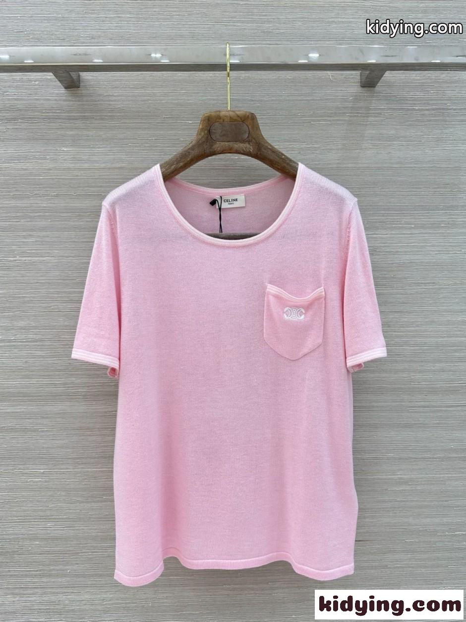 トリオンフ刺繍 クルーネックニットTシャツ セリーヌ Tシャツ 偽物 ピンク-0