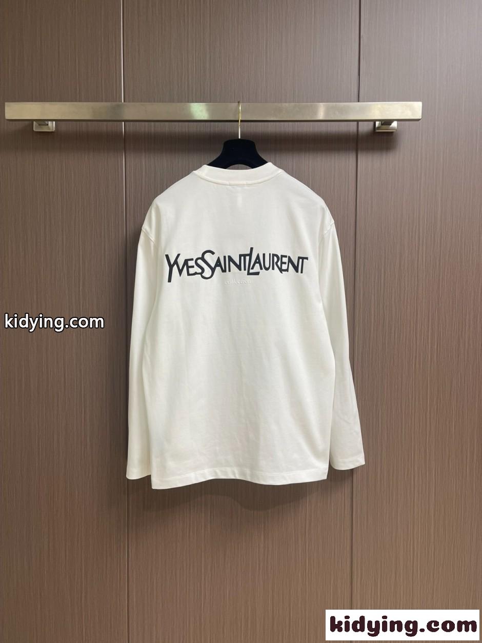 シンプル ロゴ 長袖Tシャツ イヴ・サンローラン Tシャツ 偽物 ホワイト-1