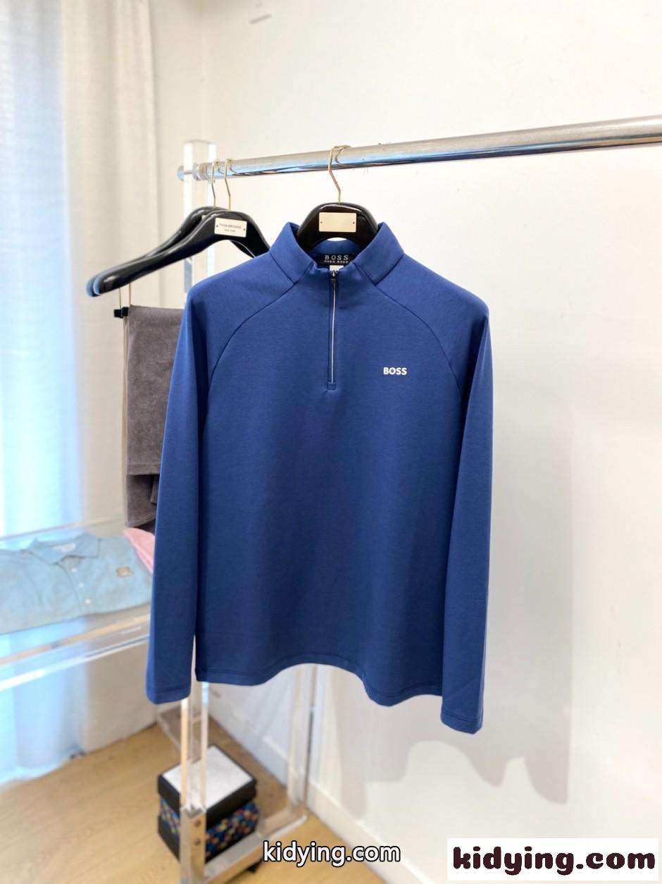 洗練された シンプル 胸ロゴ ヒューゴ・ボス Tシャツ 偽物 ハーフジップ 長袖Tシャツ ブルー-0