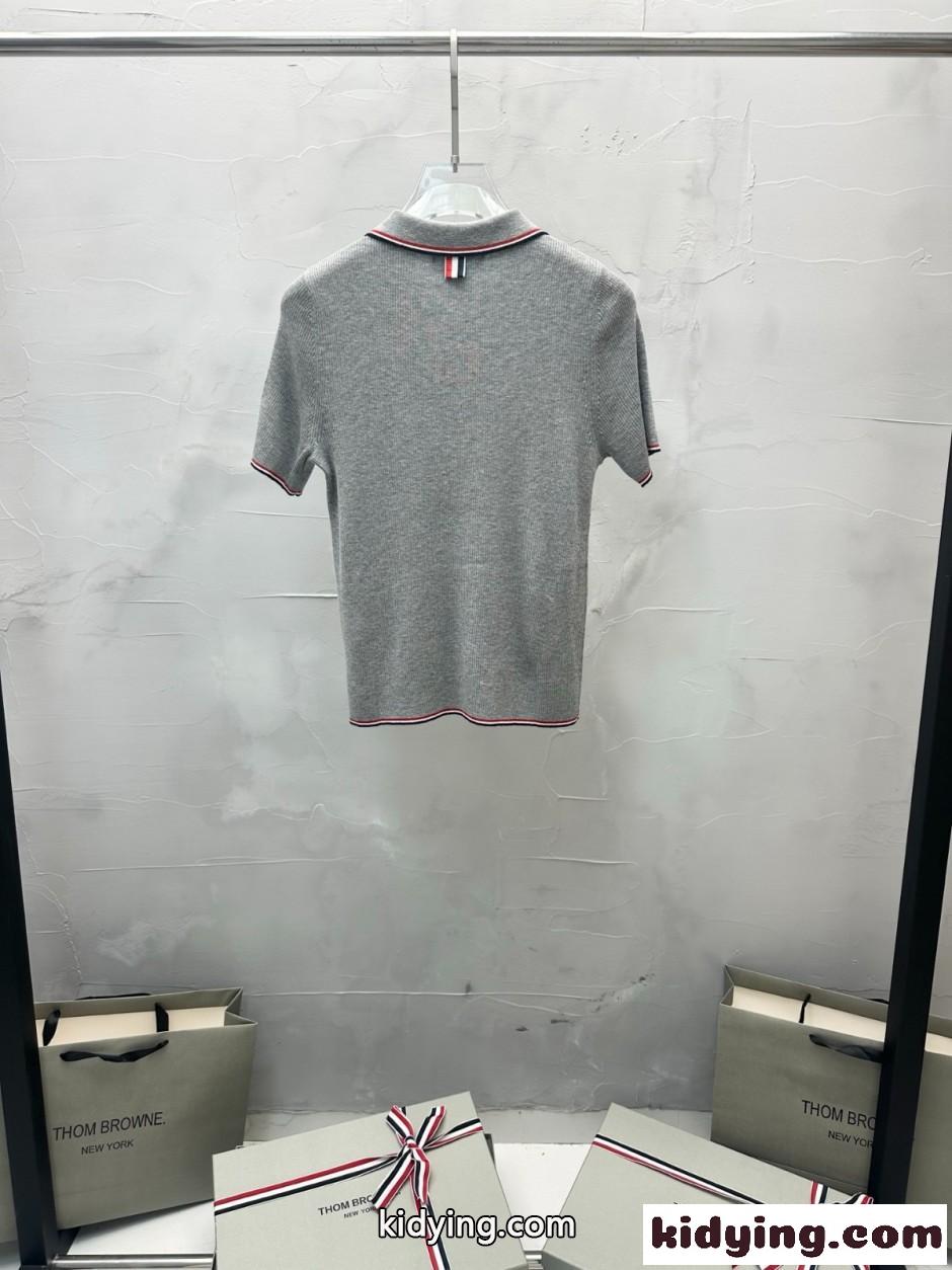 上品 洗練された 半袖 ポロニット トムブラウン ニット 偽物 グレー-3