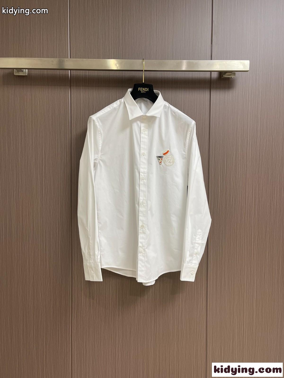 シンプル 刺繍入り ロングスリーブシャツ フェンディ シャツ コピー コットン ホワイト-0