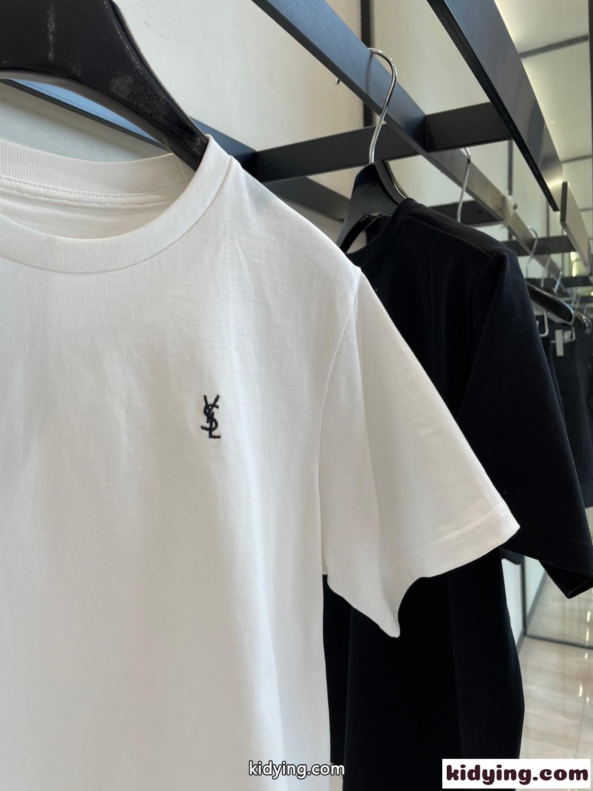 シンプル ロゴ 刺繍入り クルーネック 半袖 コットン イヴ・サンローラン Tシャツ コピー-2
