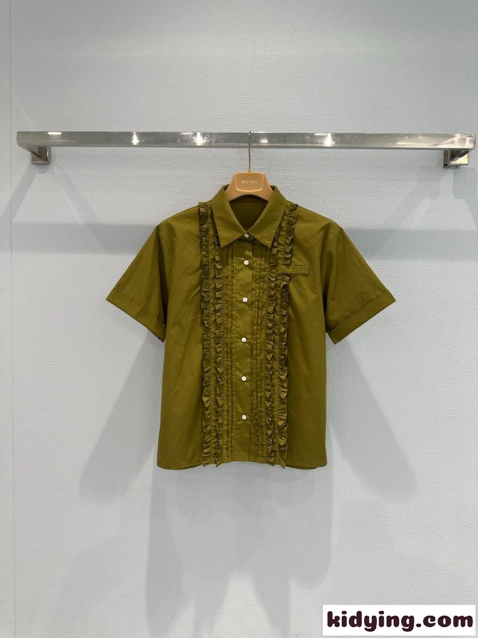 ロゴ入り コットン 半袖シャツ ミュウミュウ シャツ コピー オリーブ-0
