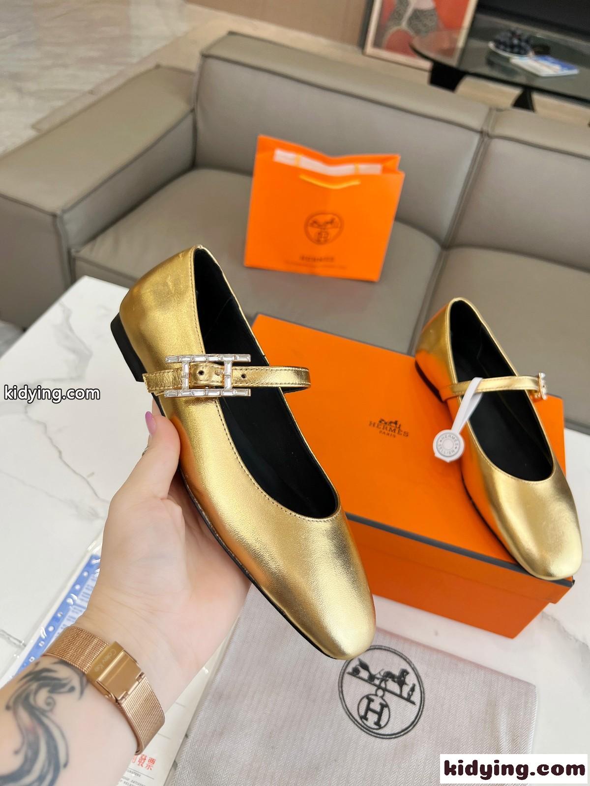大人 かわいい ジェーン バレエシューズ エルメス パンプス コピー ゴールド-1