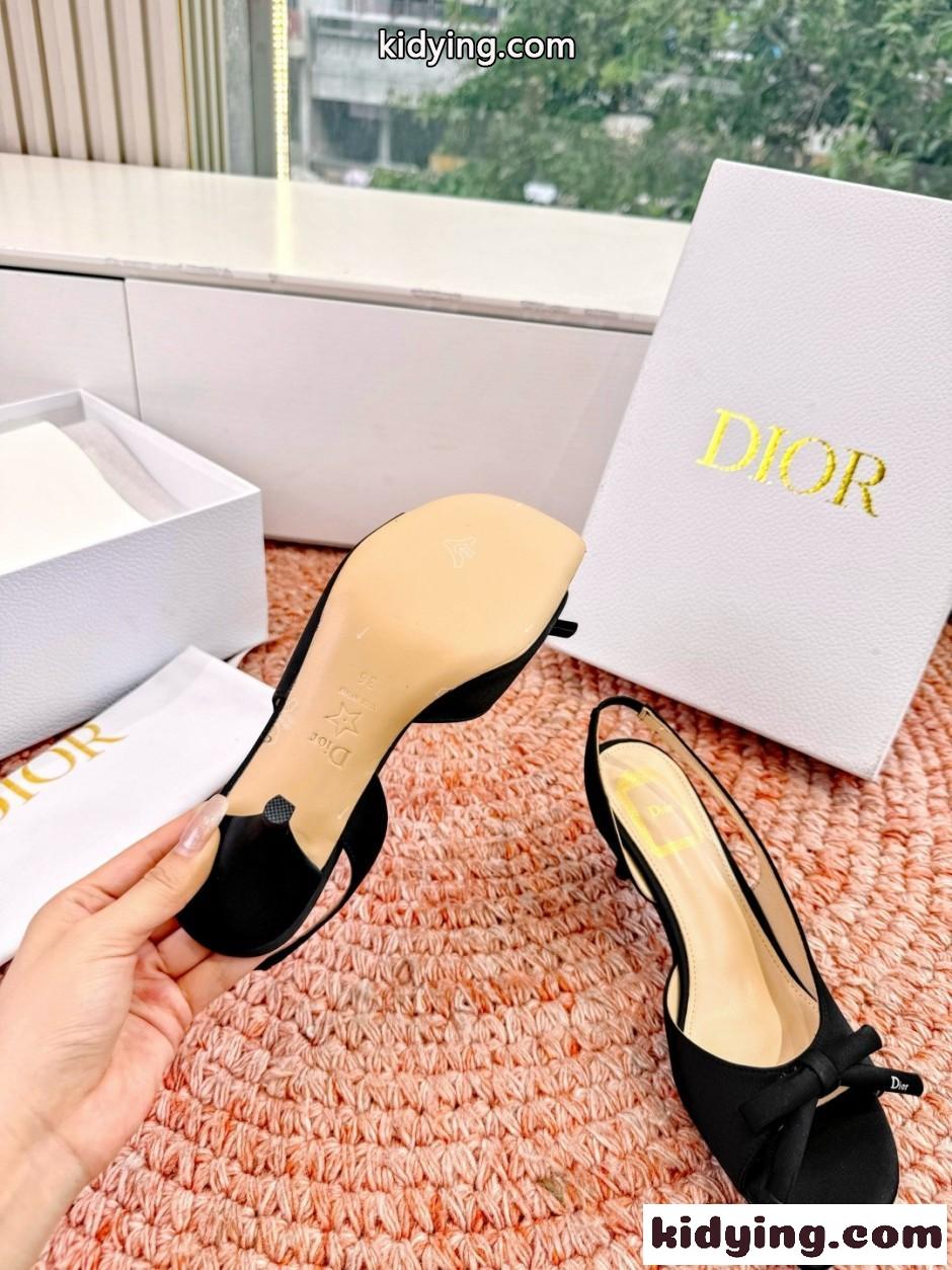 エレガント サテン Dior Bow ヒール スリングバックサンダル クリスチャン・ディオール コピー ブラック-0