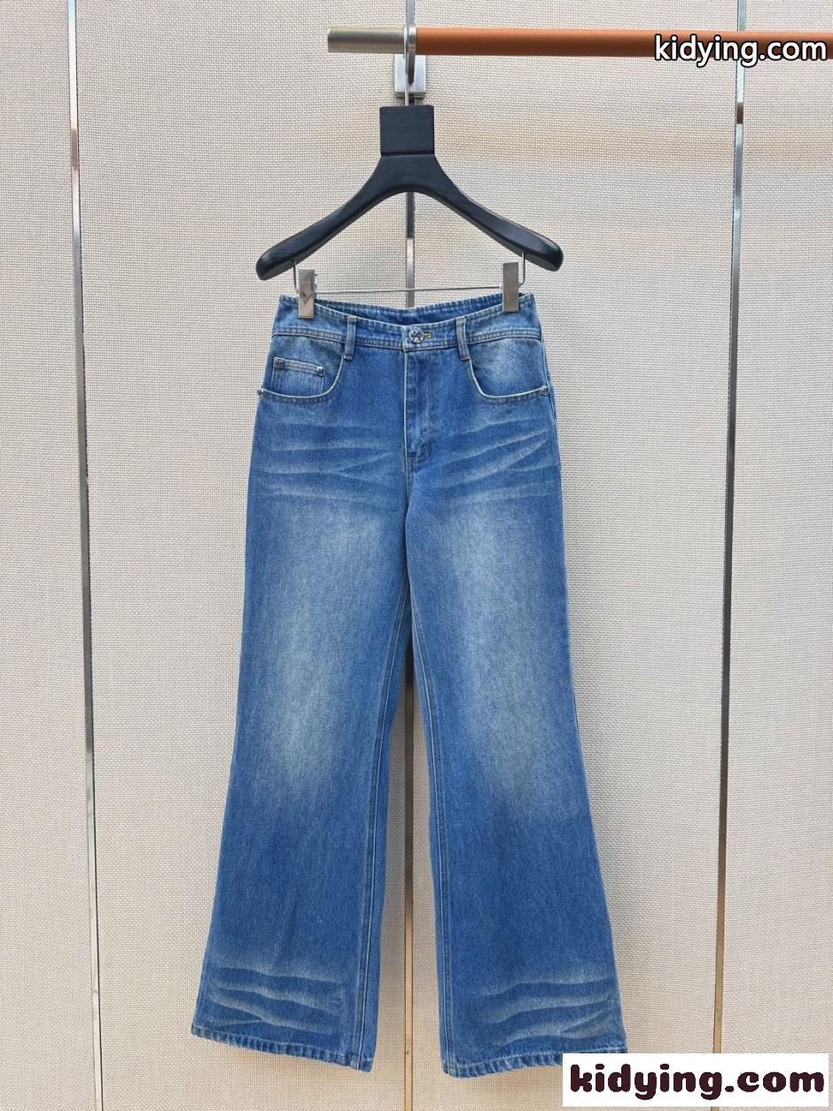 ウォッシュド ワイド フレア デニムパンツ シャネル ジーンズ 偽物 合わせやすい-1