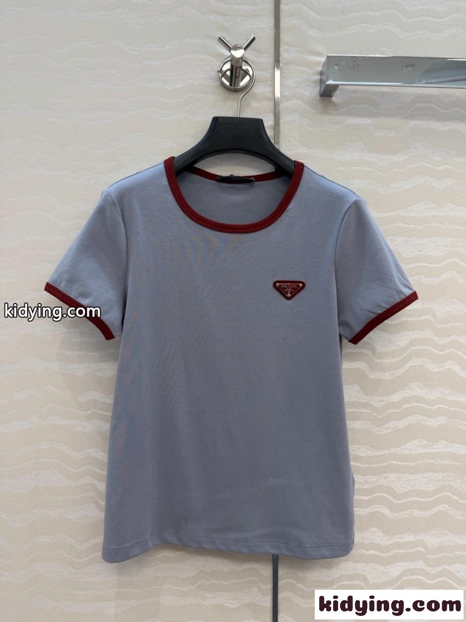カジュアル 配色 半袖Tシャツ クルーネック プラダ Tシャツ 偽物-0