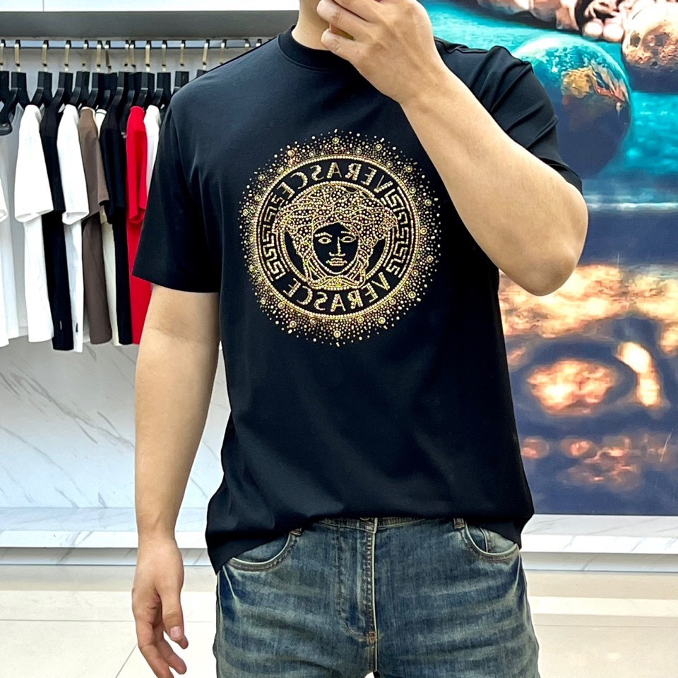ラインストーンロゴ 半袖Tシャツ ヴェルサーチェ Tシャツ 偽物 ブラック-1