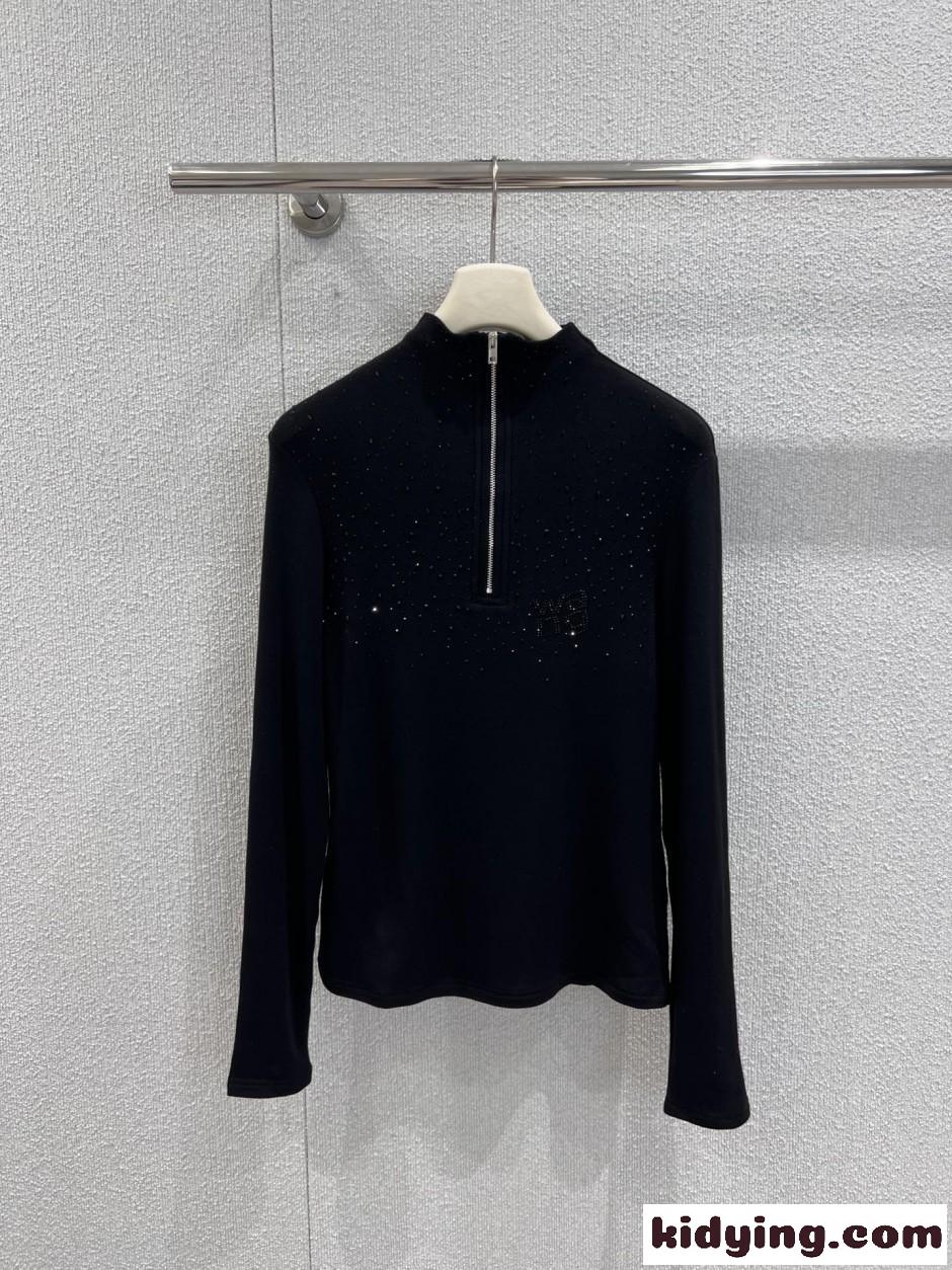 アレキサンダーワング Tシャツ コピー ラインストーン ハーフジップ トップス ブラック-1
