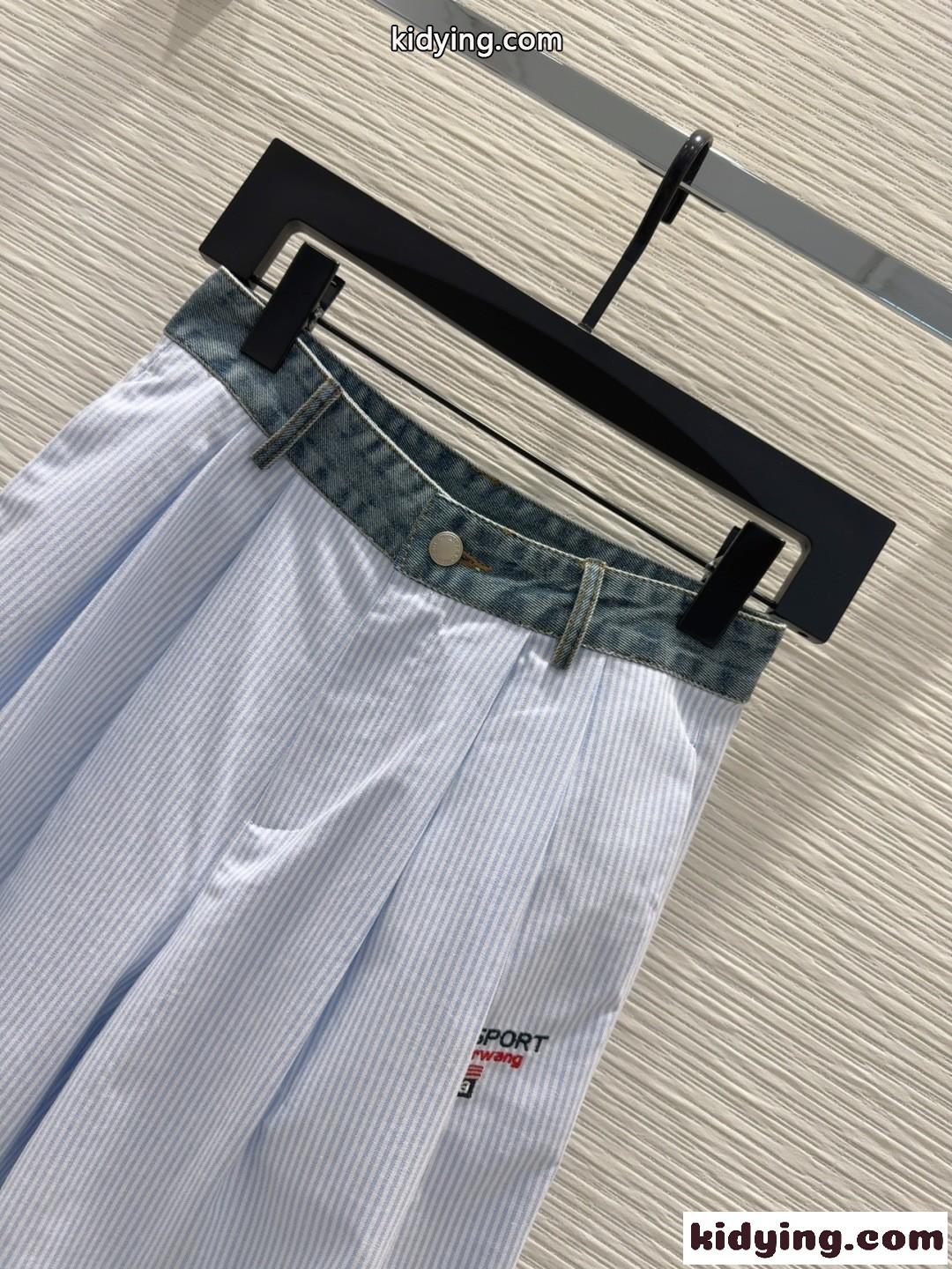 デニムウエストバンド ストライプ ナイロン ロングパンツ アレキサンダーワング パンツ コピー ブルー-2