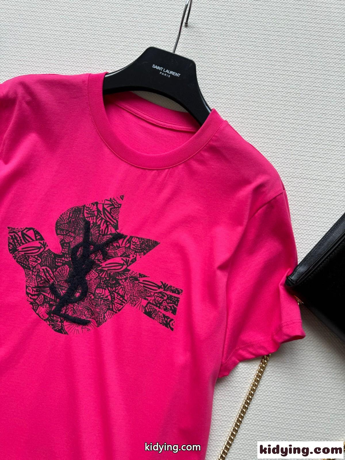 シンプル ロゴ プリント 半袖Tシャツ イヴ・サンローラン Tシャツ コピー ピンク-2