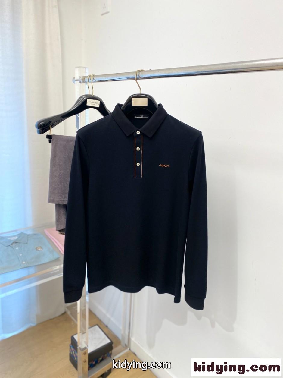 上品 洗練された ロゴ刺繍 長袖ポロシャツ エルメネジルド・ゼニア Tシャツ 偽物 ブラック-0