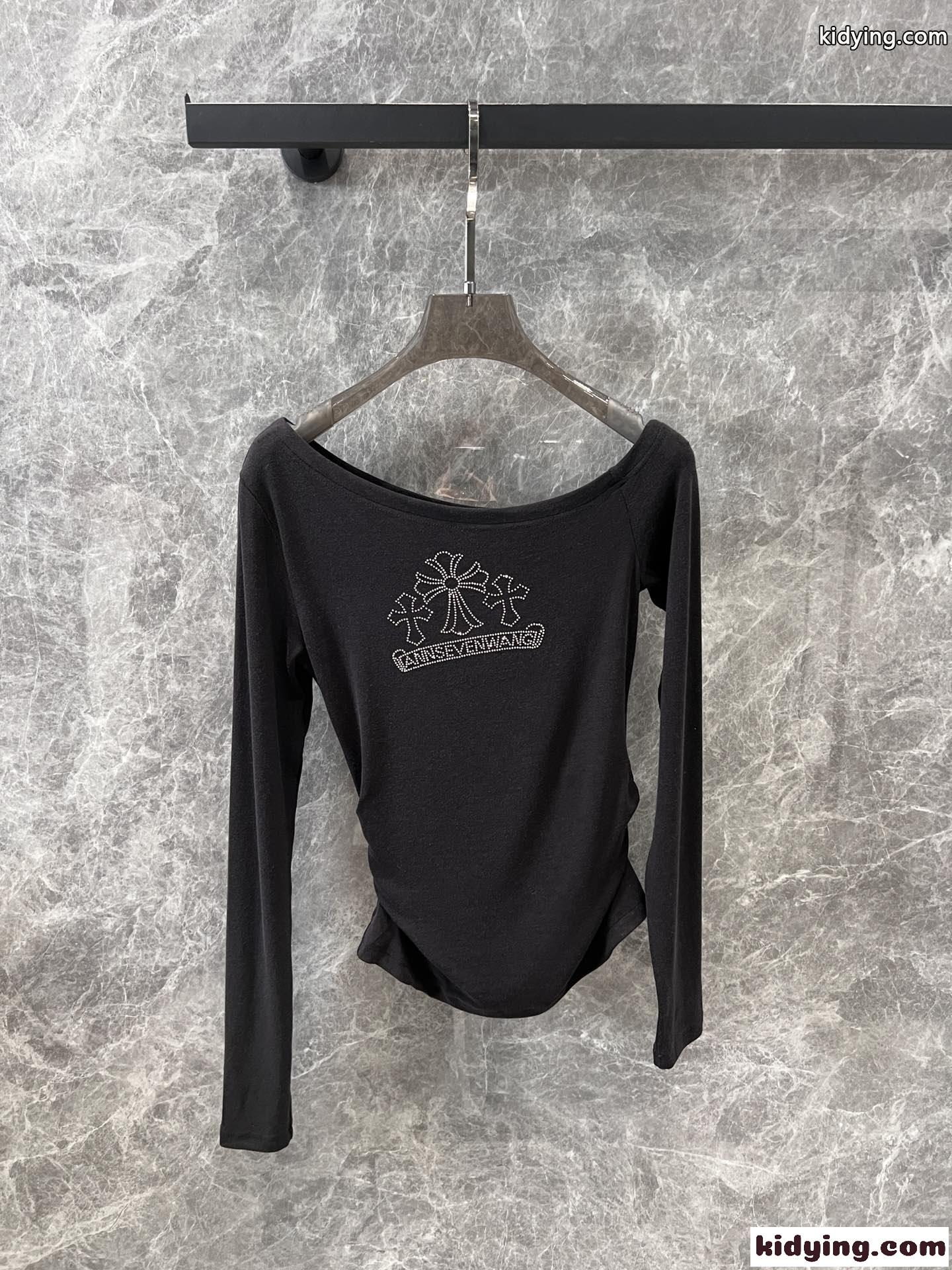 ラインストーンロゴ オフショルダー 長袖Tシャツ クロムハーツ Tシャツ コピー ブラック-1