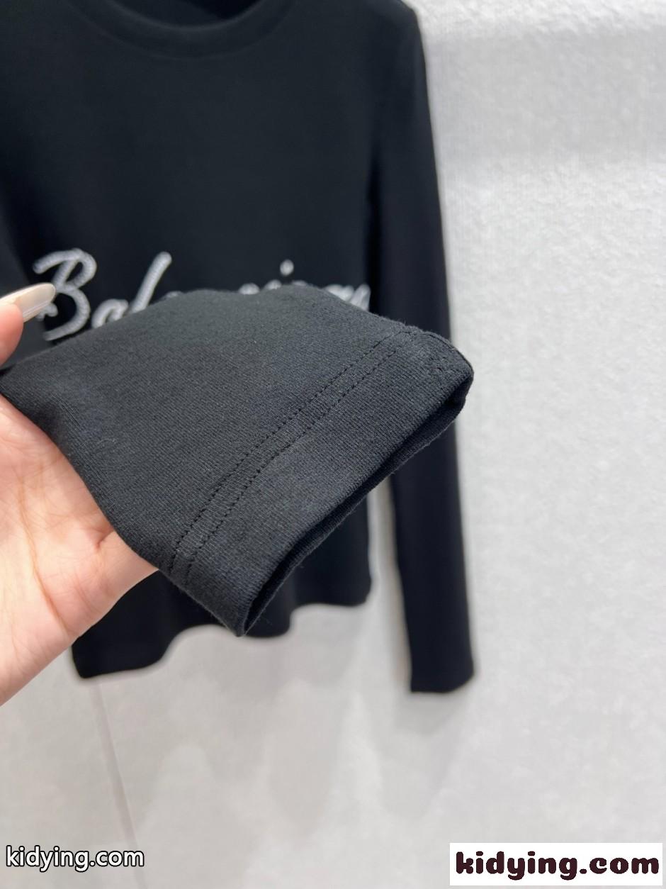 ロゴ刺繍 クルーネック 長袖Tシャツ バレンシアガ Tシャツ 偽物 ブラック-3