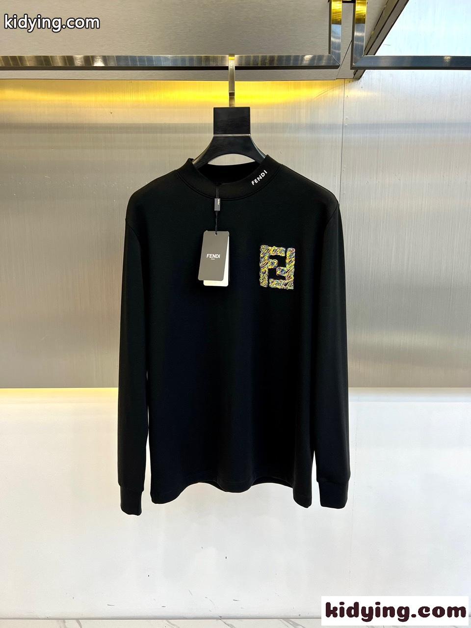 刺繍入り コットン 長袖Tシャツ フェンディ Tシャツ コピー ブラック-0