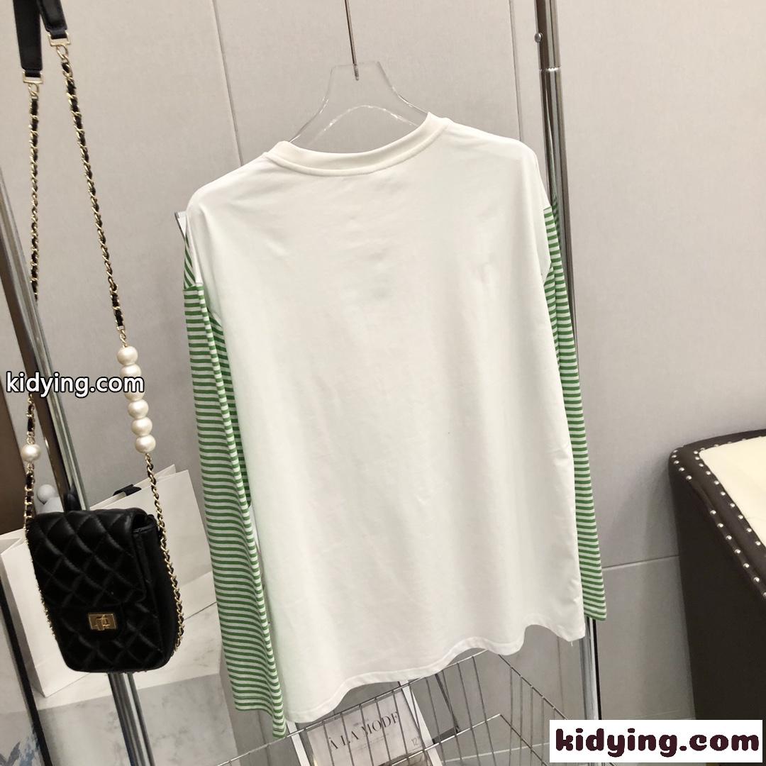 おしゃれ 重ね着風 クールネック 切り替え ミュウミュウ 長袖tシャツ コピー ストライプ プリント スタイリッシュ-4