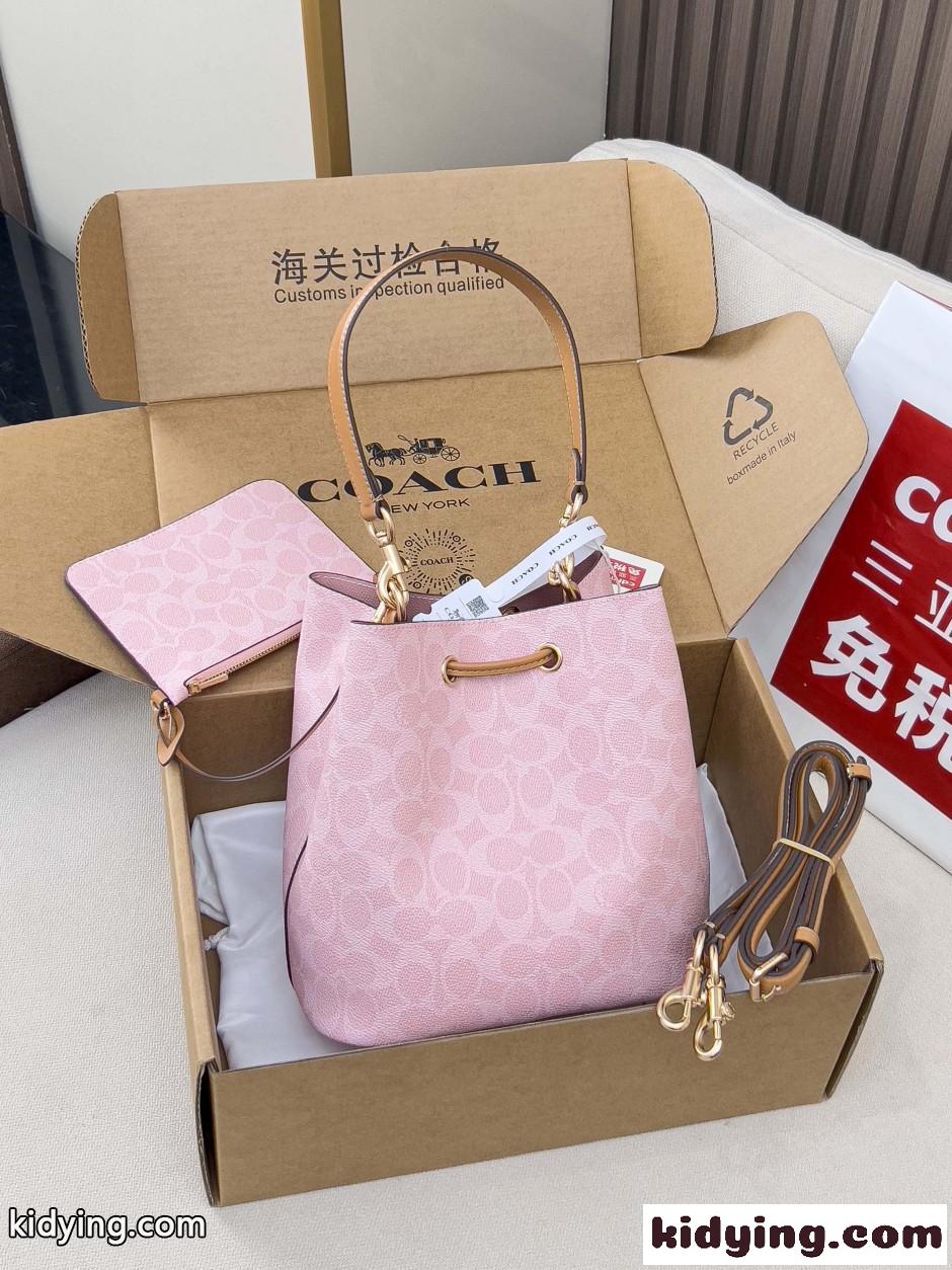 可愛い シグネチャー柄 巾着 バケットバッグ コーチ バッグ 偽物 ショルダーバッグ-1