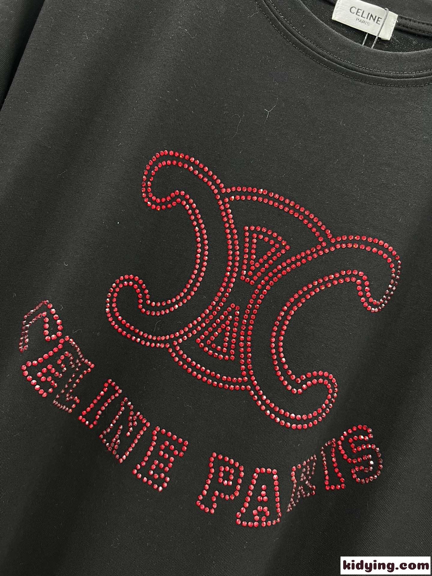 ラインストーン付き ロゴ 半袖Tシャツ セリーヌ Tシャツ コピー ブラック-2
