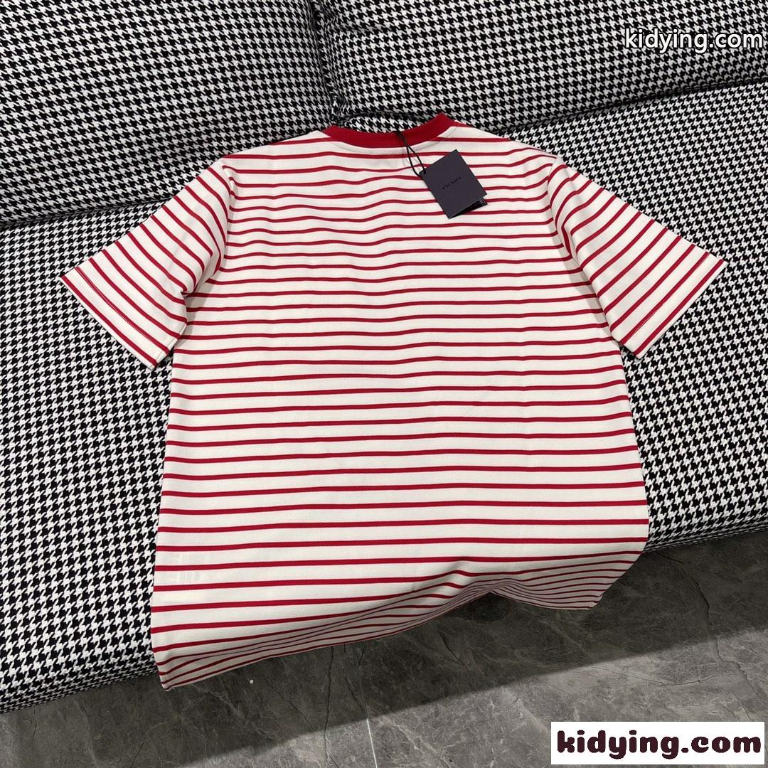 三角ロゴ ストライプ 半袖Tシャツ プラダ Tシャツ コピー クルーネック カジュアル 合わせやすい-2