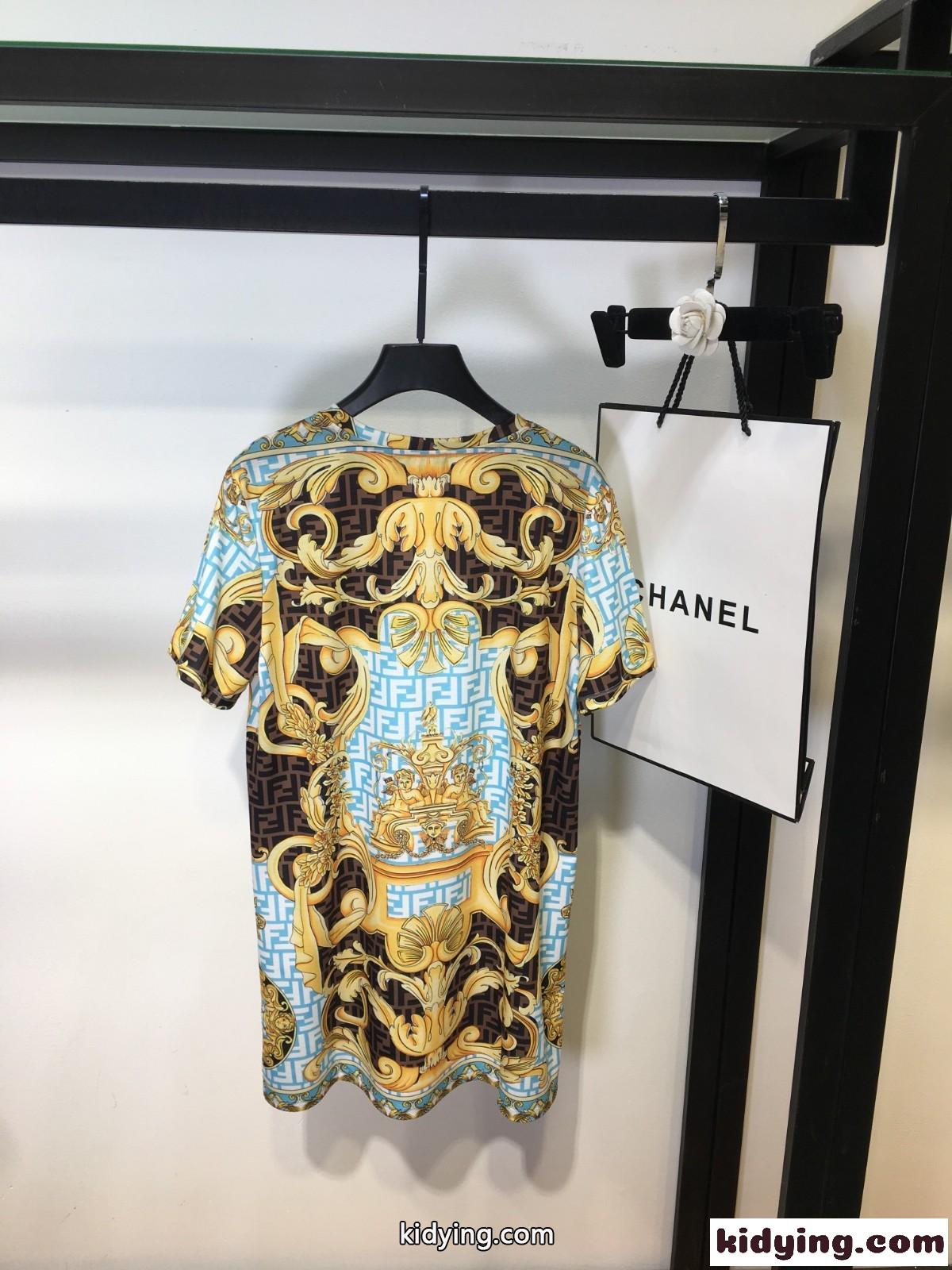 Fendi x Versace コラボ 新作 プリント クルーネック フェンディ 半袖tシャツ コピー チュニック トップス-4