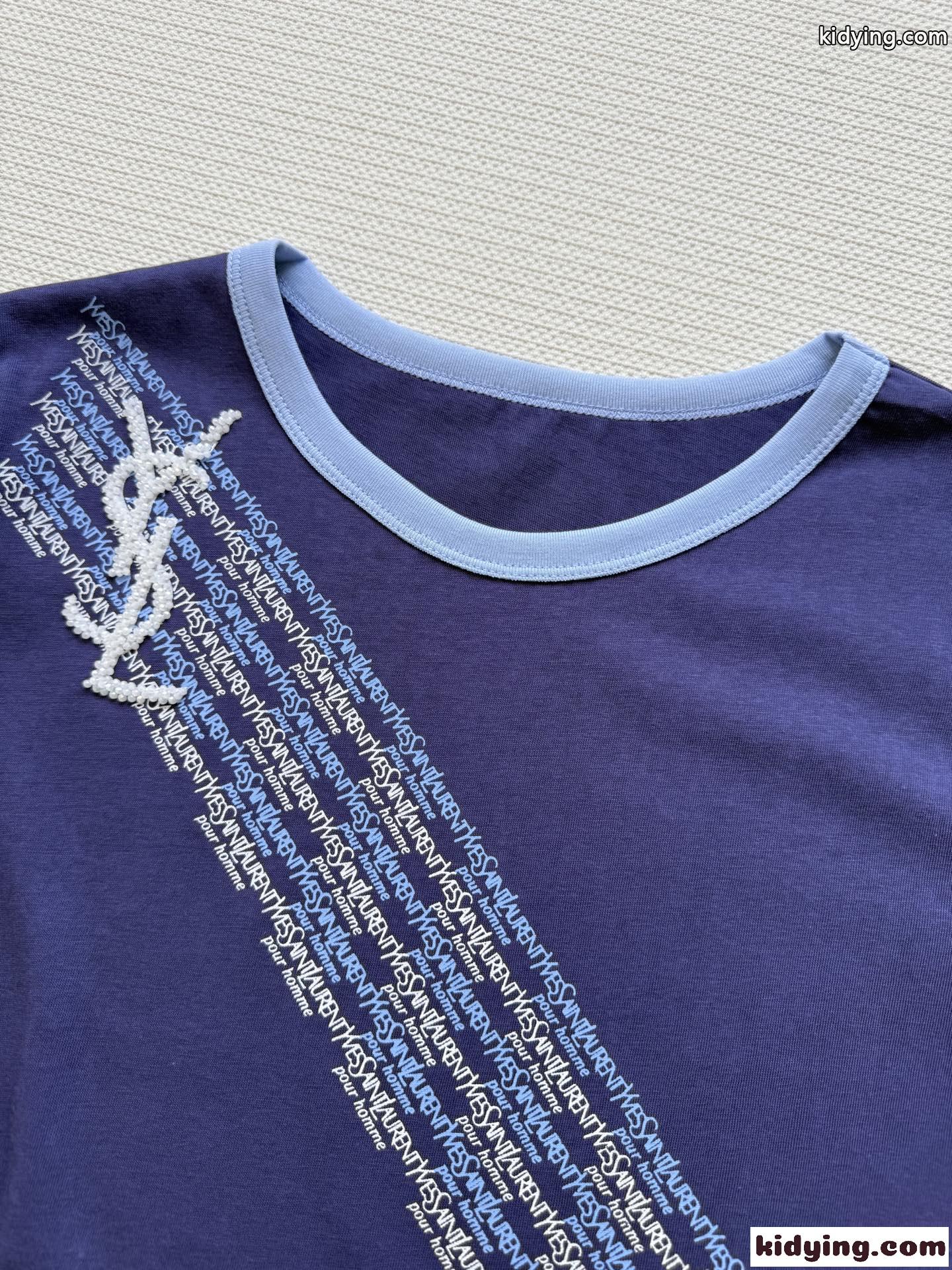 カジュアル コットン 配色 半袖Tシャツ イヴ・サンローラン Tシャツ コピー パープル-2
