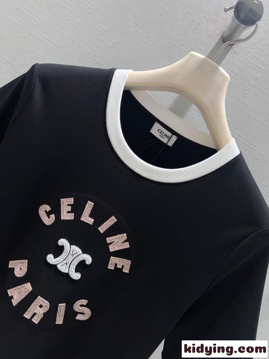 カジュアル おしゃれ コットン 半袖Tシャツ セリーヌ Tシャツ 偽物 ブラック-2