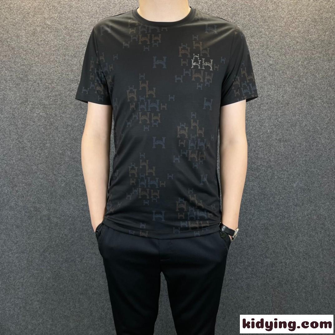 定番 シンプル 合わせやすい ラウンドネック 柔らかい ストレッチ エルメス Tシャツ コピー メンズ 半袖Tシャツ ブラック-0