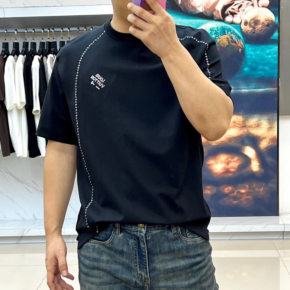 カジュアル クルーネック 半袖Tシャツ ルイ・ヴィトン Tシャツ 偽物 コットン ブラック-2
