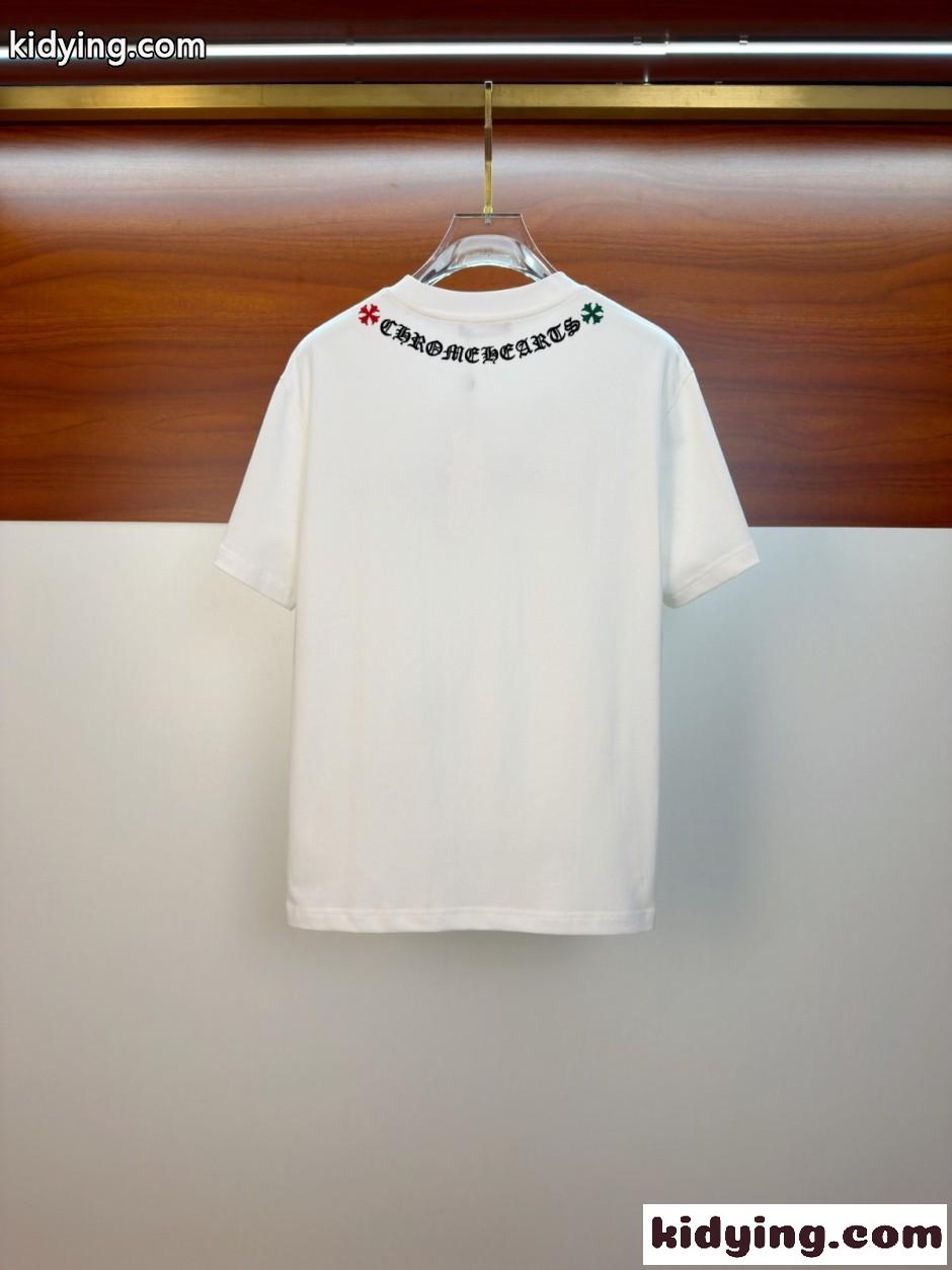 ロゴ刺繍 クルーネック 半袖Tシャツ クロムハーツ Tシャツ 偽物 コットン ホワイト-4