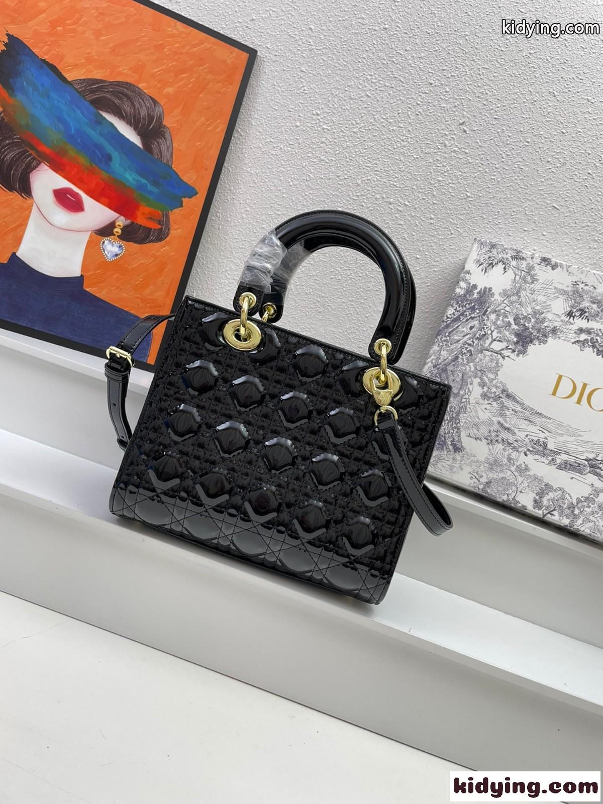 LADY DIOR パテントレザー ミディアムバッグ クリスチャン・ディオール バッグ コピー ハンドバッグ ブラック-2
