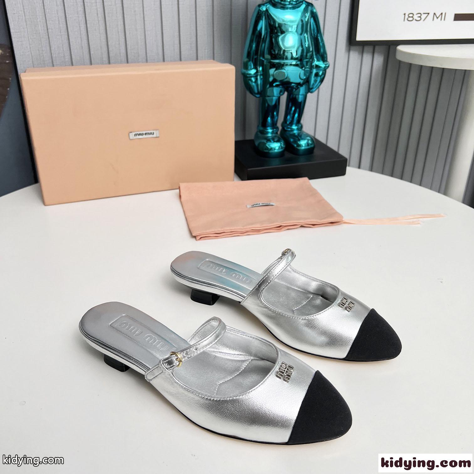 エレガント レザー&グログランミュール ミュウミュウ サンダル スーパーコピー シルバー-1