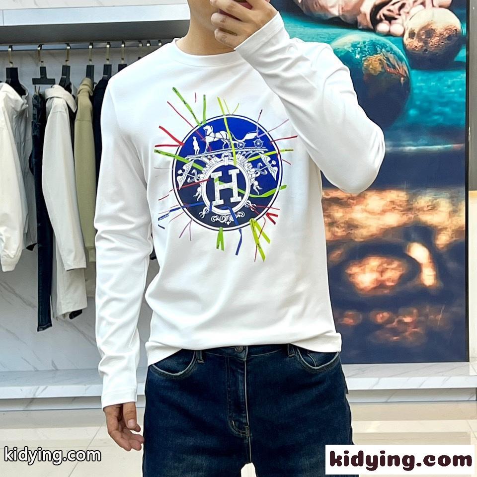 秋冬 裏起毛 プリント コットン 長袖Tシャツ エルメス Tシャツ コピー ホワイト-1