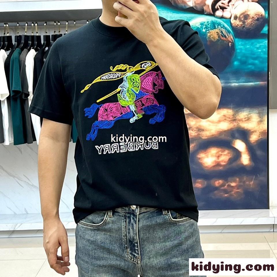 マルチカラー ロゴ刺繍 クルーネック バーバリー 半袖Tシャツ コピー ブラック-0