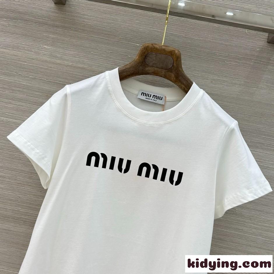 シンプル ロゴ入り コットン ミュウミュウ Tシャツ コピー ホワイト-2