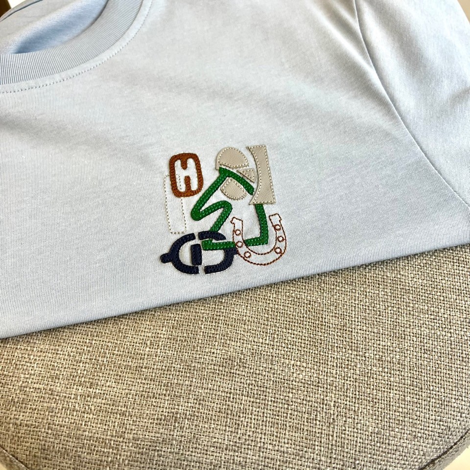 上品 カジュアル コットン 半袖Tシャツ エルメス Tシャツ 偽物 クルーネック ライトブルー-2
